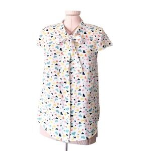 ModCloth Womens Heart Print Tie Neck Blouse White Multi Color Hearts Size Medium
